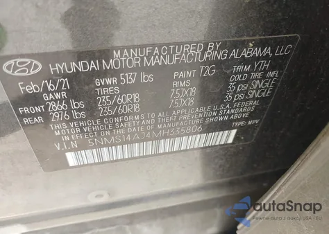 2021 Hyundai Santa Fe Se из США, поврежденный, VIN 5NMS14AJ4MH335806